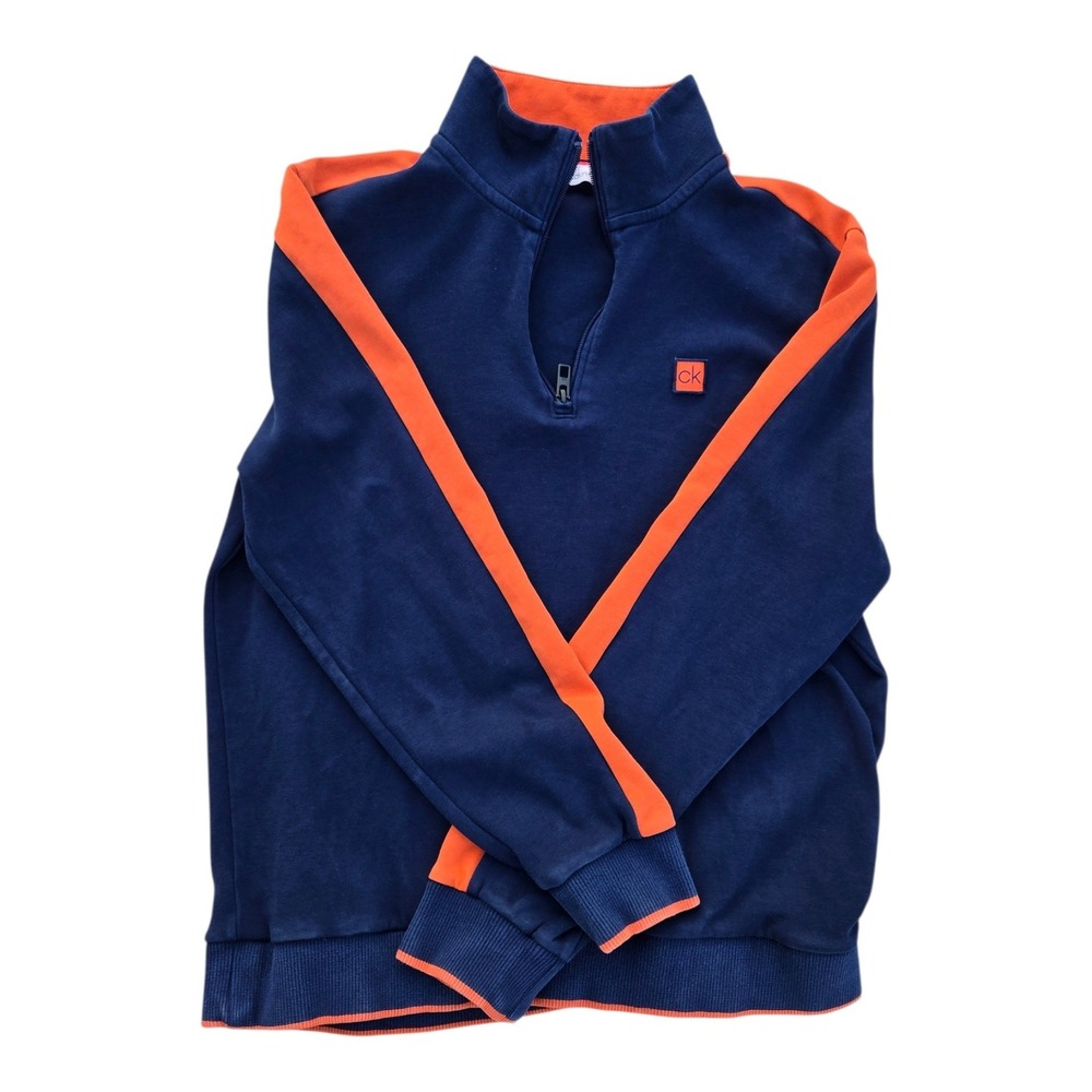 Calvin Klein Quarter Zip Pullover Cotton Blend Large Blue Orange Striped 25188